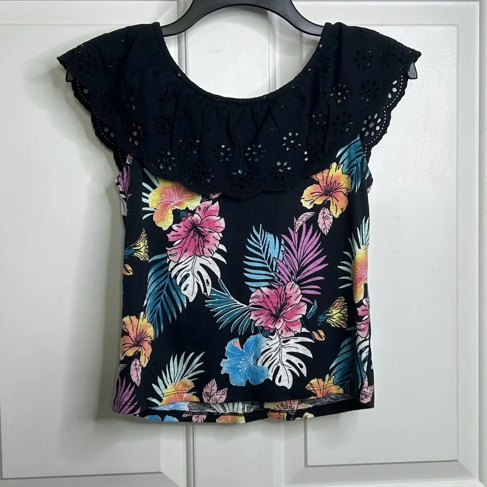 Justice Ruffle Neckline Tank Girls Medium 10 Tropical Black Multicolored Floral